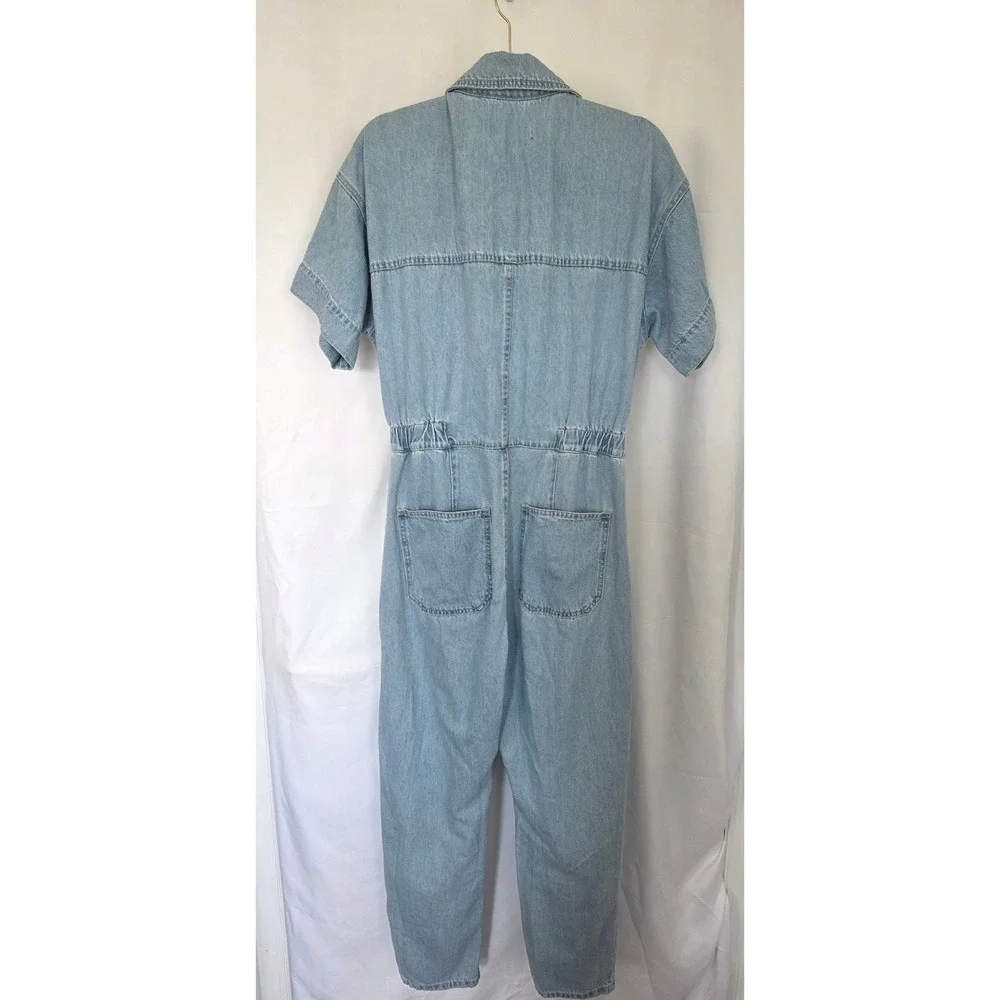 Free People We the Free Marci Denim Jumpsuit Light Wash Blue Utility M Pockets